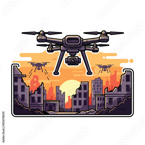 A drone hovers over a ruined cityscape