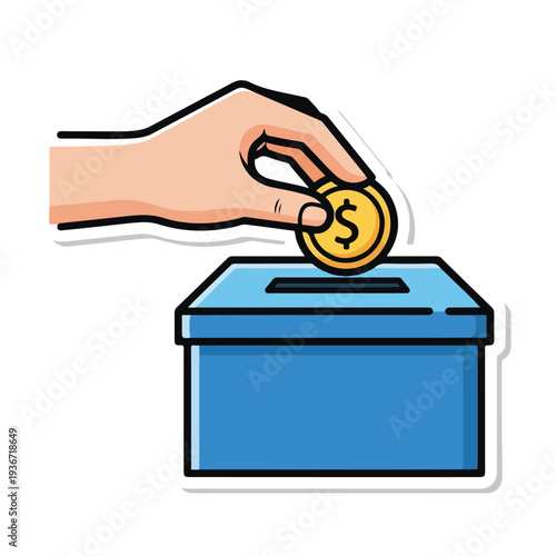 A cartoon hand depositing a dollar coin into a blue box