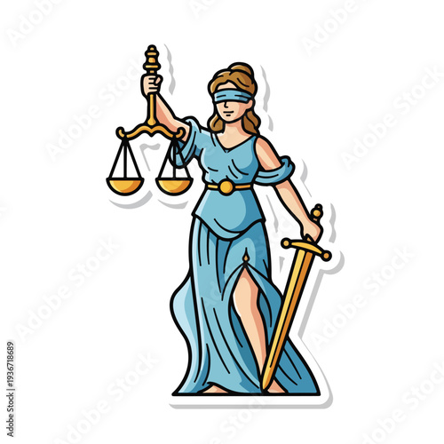 A cartoon illustration of Lady Justice