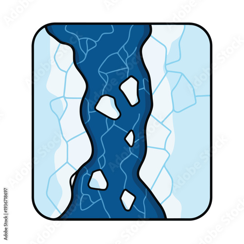 A cartoon illustration of a dark blue, cracked and broken ice cube