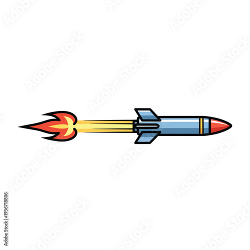 A cartoon-style rocket with flames propels through space