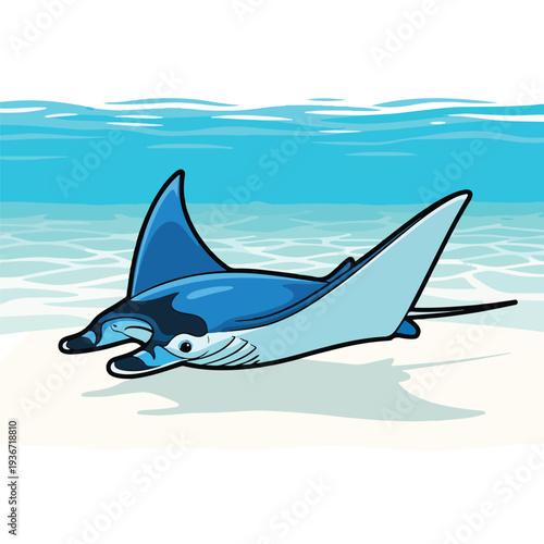 A cartoon illustration of a smiling stingray on the ocean floor