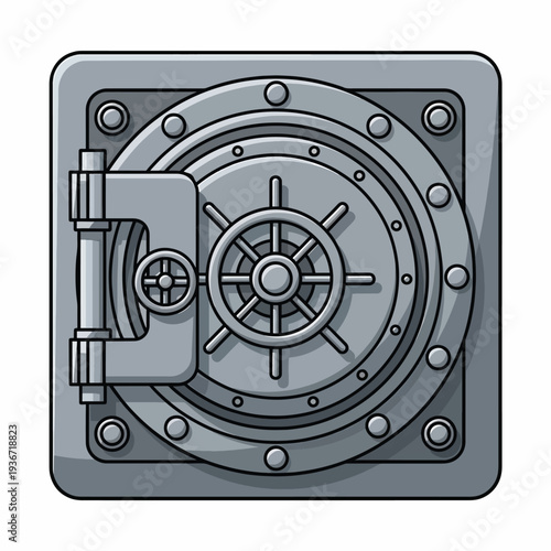 A gray cartoon safe with a wheel lock
