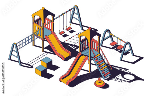 A colorful playground illustration with swings and slides for kids