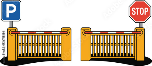 A gate icon with parking and stop signs for traffic control illustration