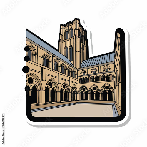 A gothic building with a courtyard and tower