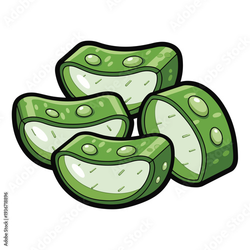 A cartoon image of four green cucumber slices