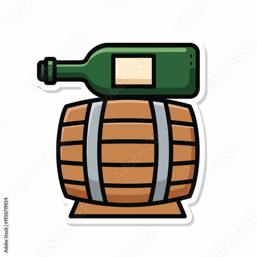 A green wine bottle on a wooden barrel
