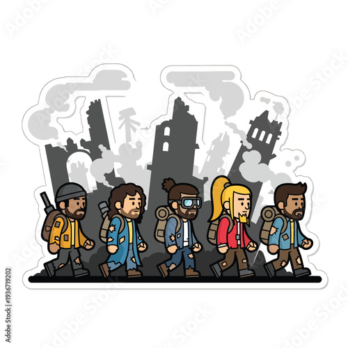 A group of survivors walking through a post-apocalyptic cityscape
