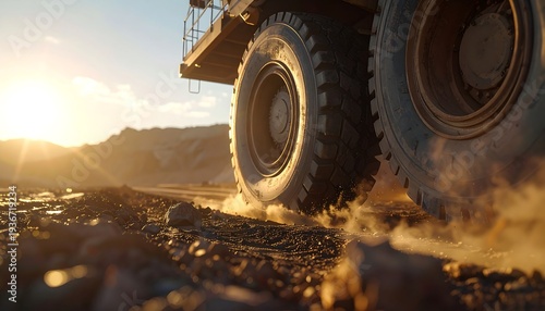 Mining Truck in Action: The powerful wheels of a mining truck churn through the rugged terrain under the warm glow of the setting sun, kicking up dust and grit.