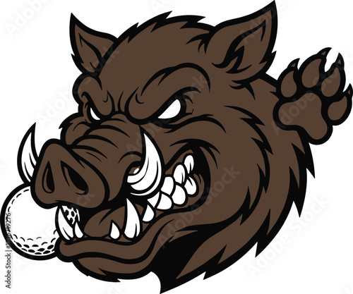 Aggressive wild boar mascot biting golf ball, angry hog head sports team logo illustration isolated on white background vector