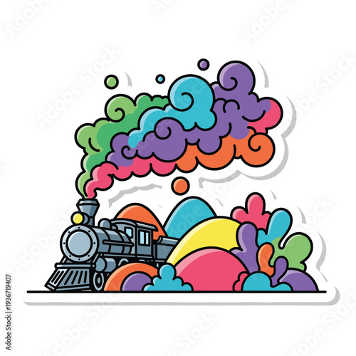 A colorful cartoon train with rainbow steam