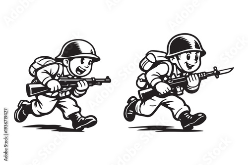 Running cartoon soldiers illustration set vintage style mascot design for military theme