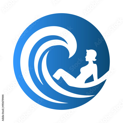 Logo agencia de viajes. Vacaciones de verano. Dibujo sencillo con siluetas de una mujer tumbada en la playa con olas de mar en círculo