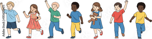 Set of diverse happy children running and waving, active childhood and school students flat vector illustration