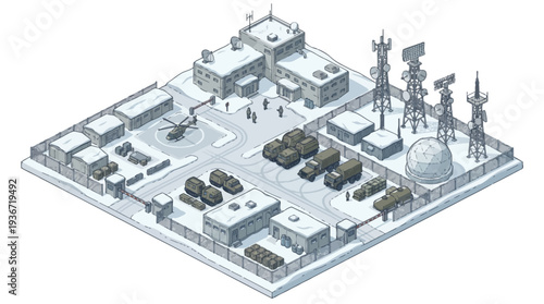 Isometric illustration of a military base with various buildings, fighter planes, tanks, and communication towers on a white background