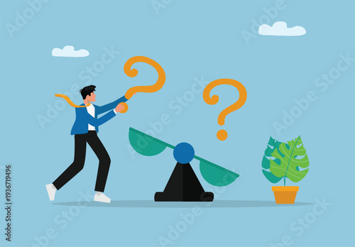 Stylized illustration of decision making concept with person holding large question mark standing beside seesaw balancing uncertainty options and choices in modern flat design