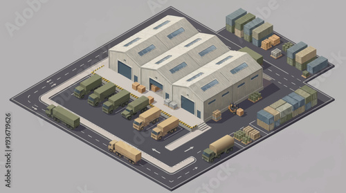 Isometric 3D illustration of a large military base with various vehicles and buildings on a gray background, featuring tanks, trucks, and warships