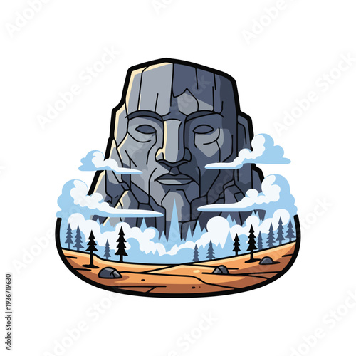 A cartoonish illustration of a face carved into a rock