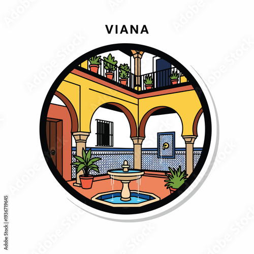 A colorful illustration of a Spanish courtyard with a fountain