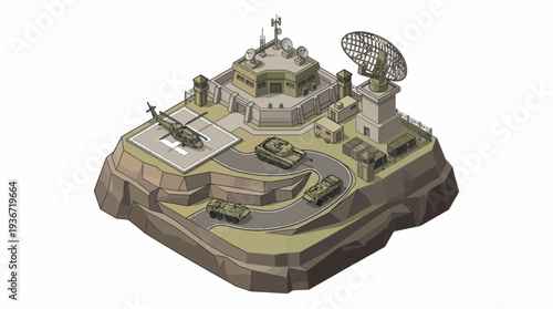 Isometric illustration of a military base with fighter planes, jet planes, ships, warships, tanks, and satellite technology on a map design board