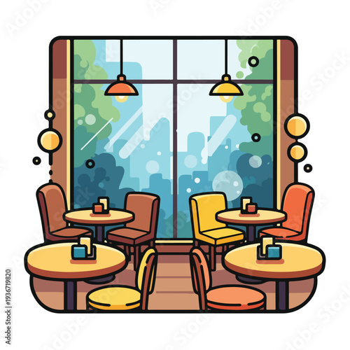 A cartoon-style illustration of a cozy café interior