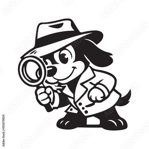 Smiling cartoon dog detective character with fedora hat and trench coat holding magnifying glass