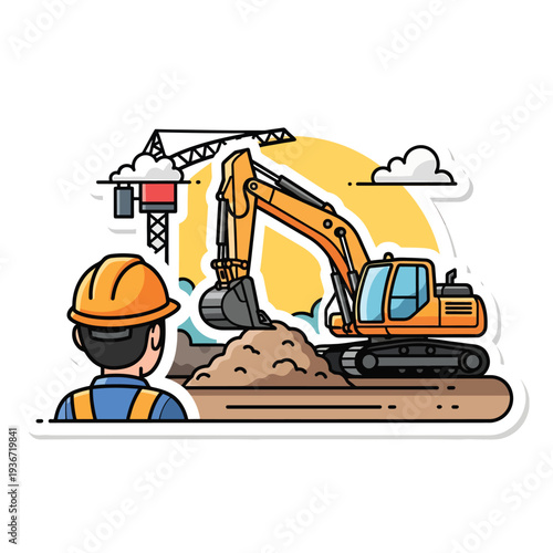 A construction worker watches an excavator dig (1)