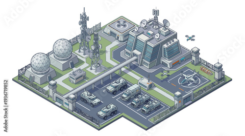 Isometric illustration of a futuristic military base with towers, fighter planes, and warships on a green terrain with a technological design board in the background