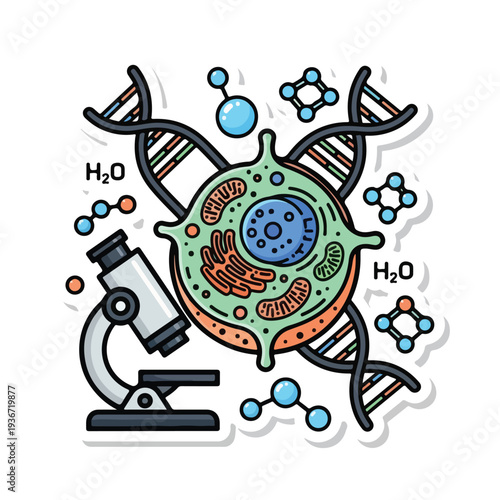 A cell with DNA, microscope and molecules