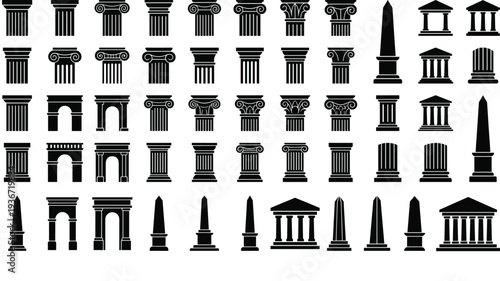 Set of Classical Pillar Capitals and Columns with Doric Ionic and Corinthian Greek Architectural Details