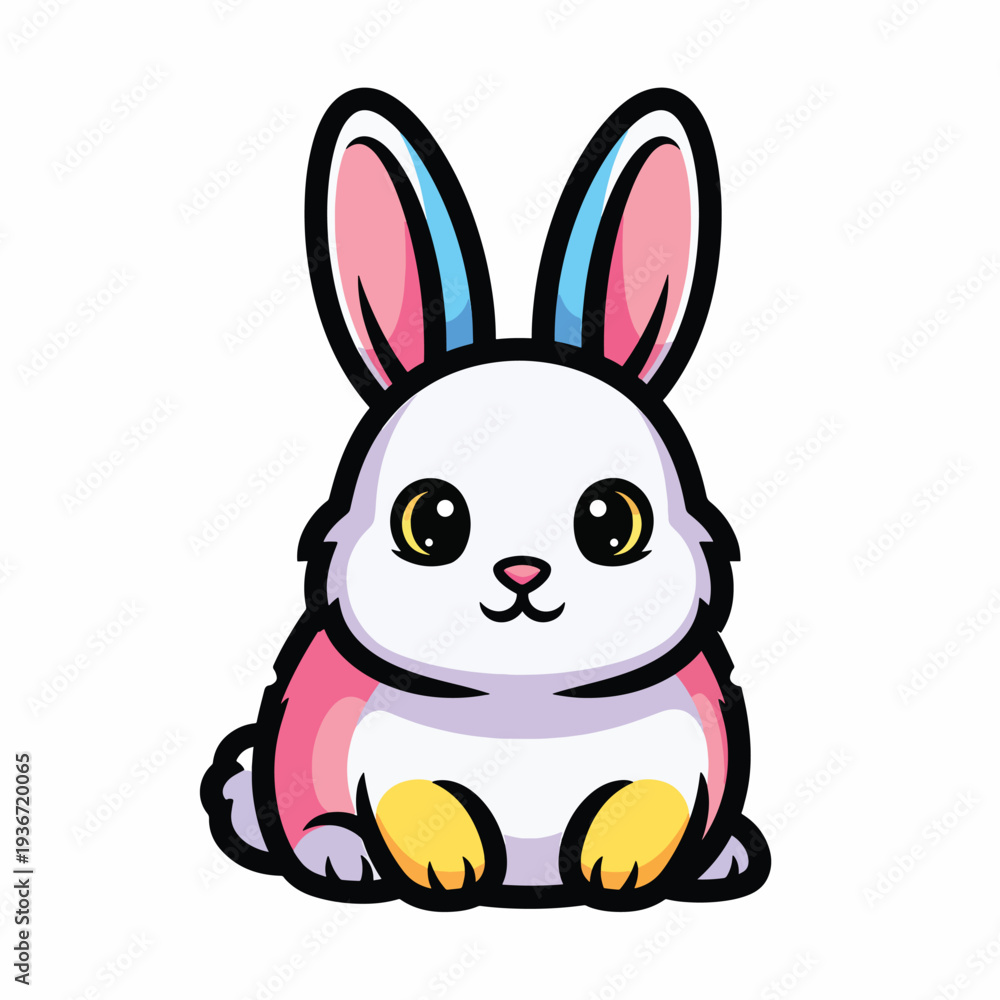 Obraz premium A cute white cartoon rabbit with colorful ears