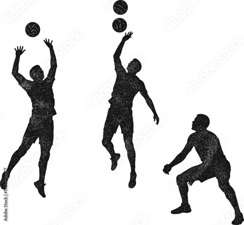 Grunge silhouette of volleyball players in action, vintage textured vector illustration of athletes jumping, hitting, receiving ball, team sport, active game concept, competitive energy