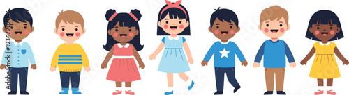 Set of seven diverse happy children standing in a row, colorful vector illustration of cute preschool students