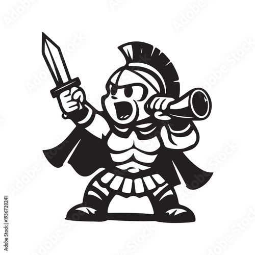 Powerful Spartan Warrior Mascot Roaring, Wielding Sword and Megaphone Vector Art