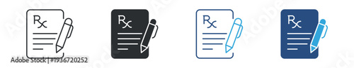 Medical Prescription Icon Set, Pharmacy Rx Document and Pen Symbol, Healthcare Medication Order Vector Illustration