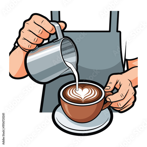 A person in an apron pouring steamed milk into a cup of coffee