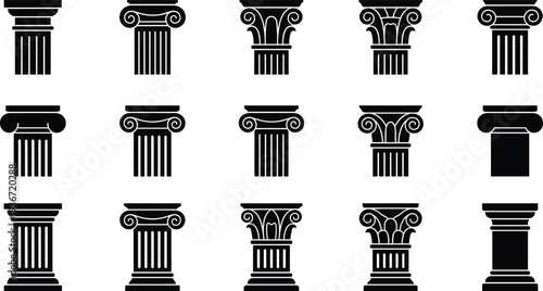 Ancient Greek and Roman Column Orders Set Silhouette Icons of Classical Architectural Pillars