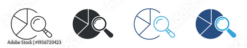 Data Analysis Icon Set, Pie Chart with Magnifying Glass, Business Analytics Research Symbol Vector Illustration