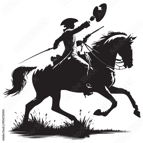 Vintage Cavalry Rider Saluting with Hat on Galloping Horse Silhouette Engraving Historical Soldier