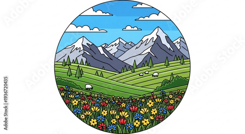 Serene mountain landscape with green fields colorful flowers and sheep grazing under a blue sky with clouds