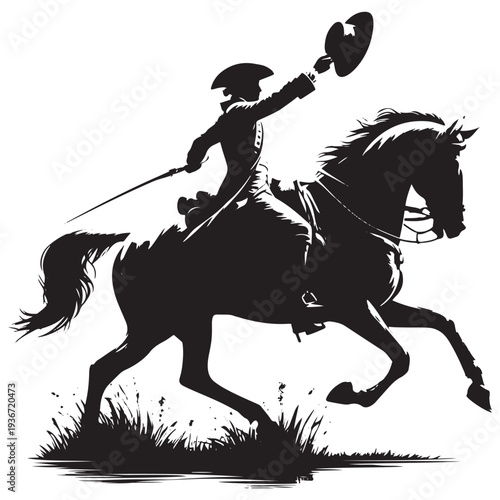 Vintage Cavalry Rider Saluting with Hat Silhouette Engraving Historical Mounted Horse Soldier