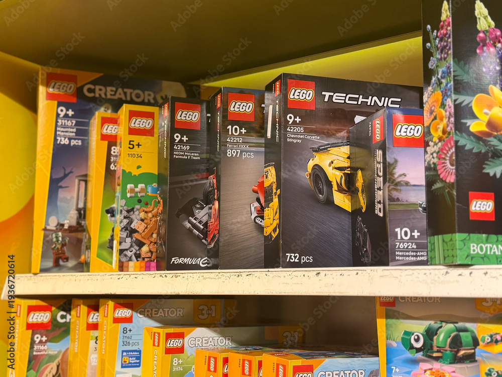 Fototapeta premium Shelf of lego technic and creator boxed sets