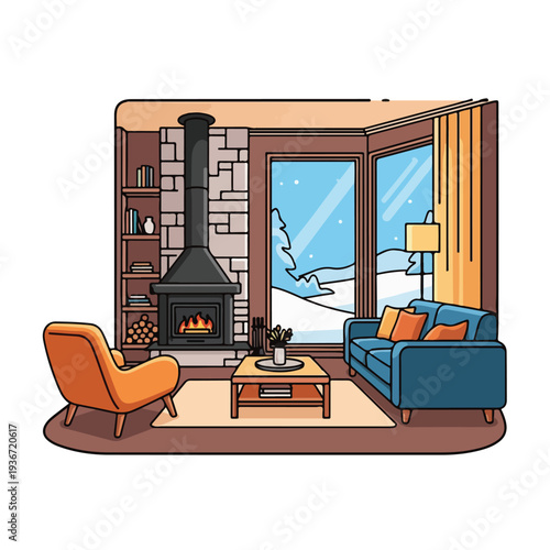 A cozy living room with a fireplace and snowy view