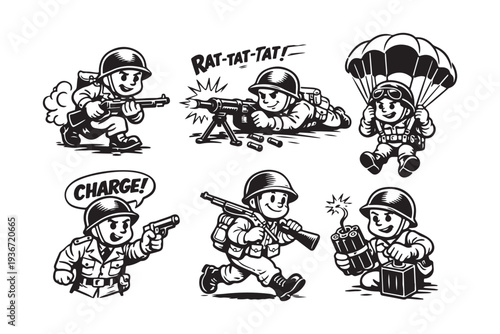 Vintage Cartoon Soldiers Diverse Military Actions and Combat Poses Vector Set