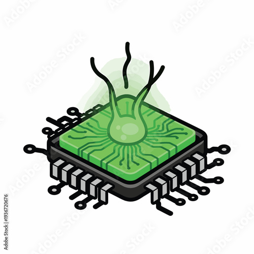 A green microchip with a neuron on top