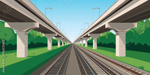 Railway Tracks, Overpass, Elevated Highway, Perspective View, Urban Transport Infrastructure Illustration