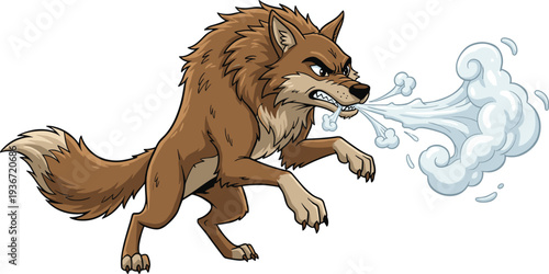 Angry cartoon wolf blowing cold icy breath, aggressive wild animal character illustration isolated on white background, winter freeze concept vector art