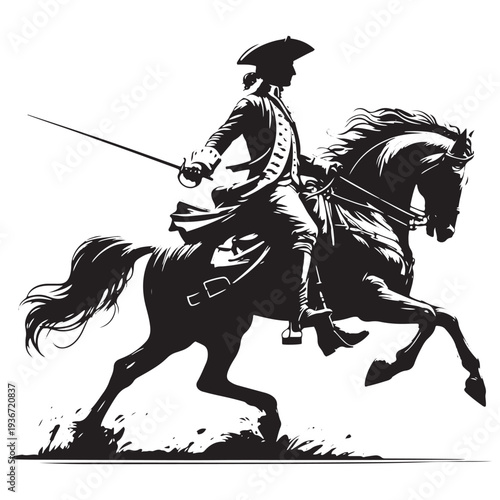 Vintage Cavalry Soldier with Spear Riding Galloping Horse Silhouette Engraving Military Warrior