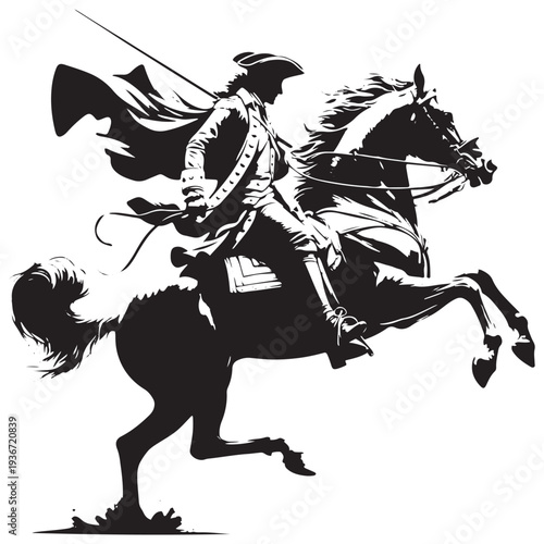 Vintage Cavalry Trumpeter Rider Silhouette Engraving Historical Mounted Soldier on Galloping Horse